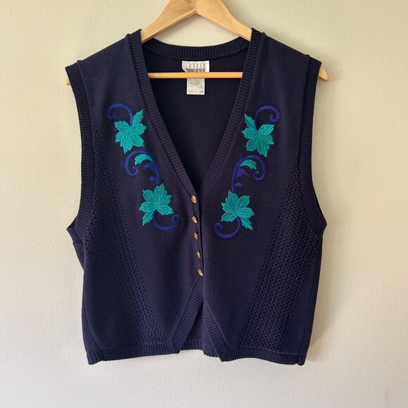 Vintage Navy Blue with Green Purple Leaves Embroidered Vest - Picture 1 of 6